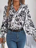 Women's Elegant Color-Blocked Floral Lantern Sleeve Lapel Shirt