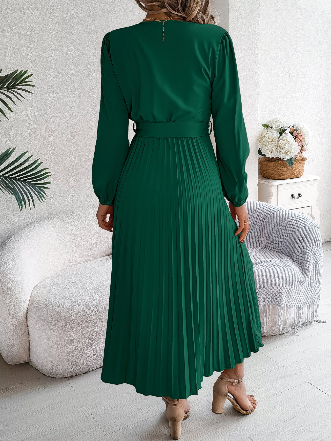 Women's Elegant V-Neck Button Tie-Waist Flared Pleated Maxi Dress