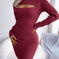 Women Sexy Hollow Out Cable Knit Cinched Bodycon Sweater Dress