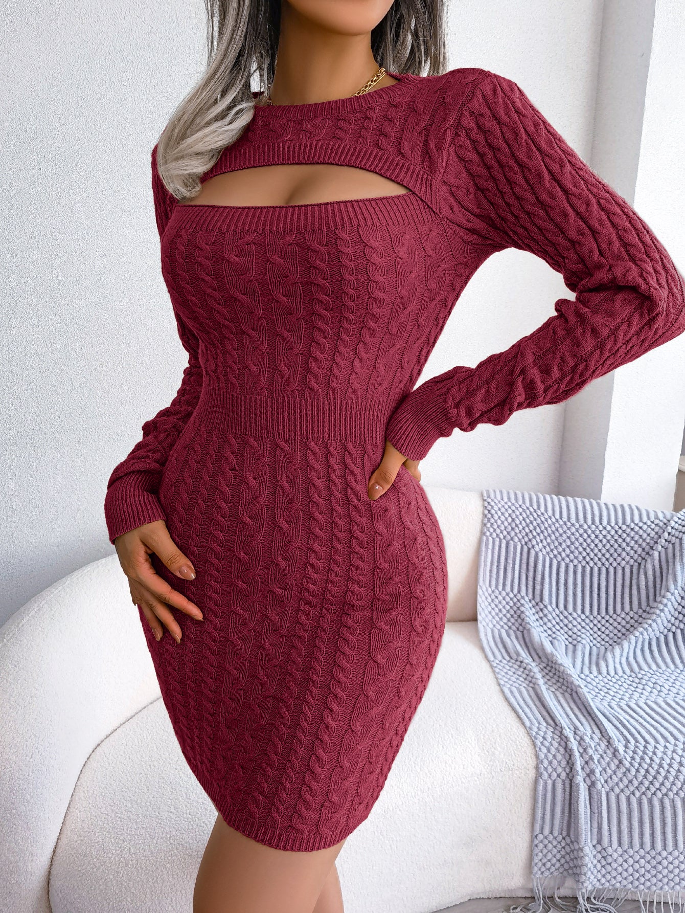 Women Sexy Hollow Out Cable Knit Cinched Bodycon Sweater Dress