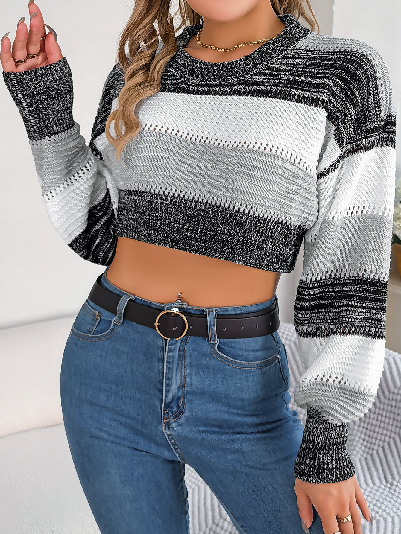 Women Casual Color Block Lantern Sleeve Cropped Pullover Sweater