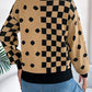 Women Casual Color Block Polka Dot Plaid Lantern Sleeve Pullover Sweater