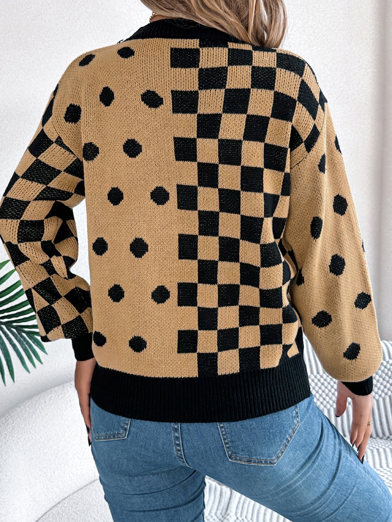 Women Casual Color Block Polka Dot Plaid Lantern Sleeve Pullover Sweater